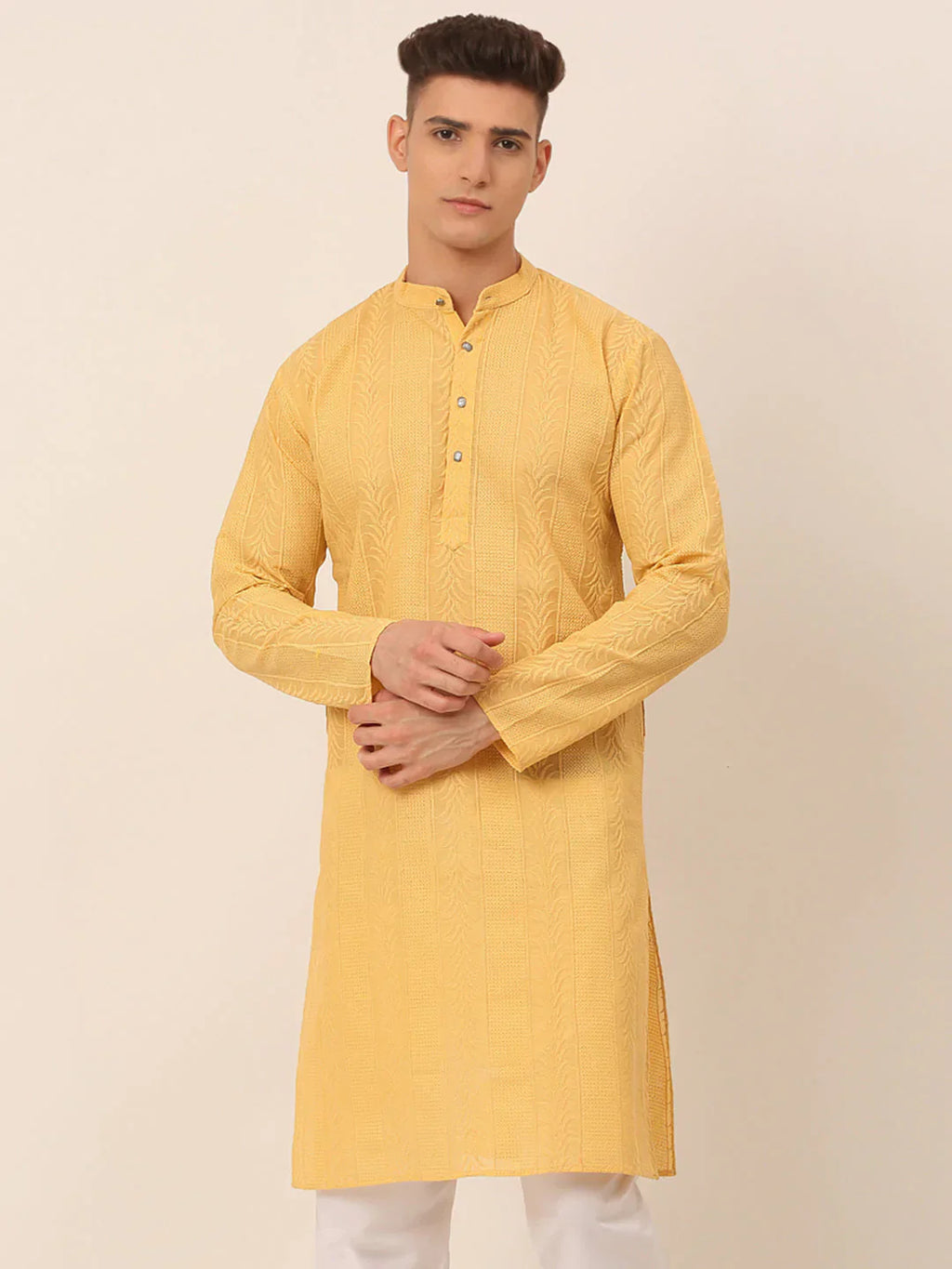 Jompers Men's Pure Cottom Embroidered Kurta Only - Beige