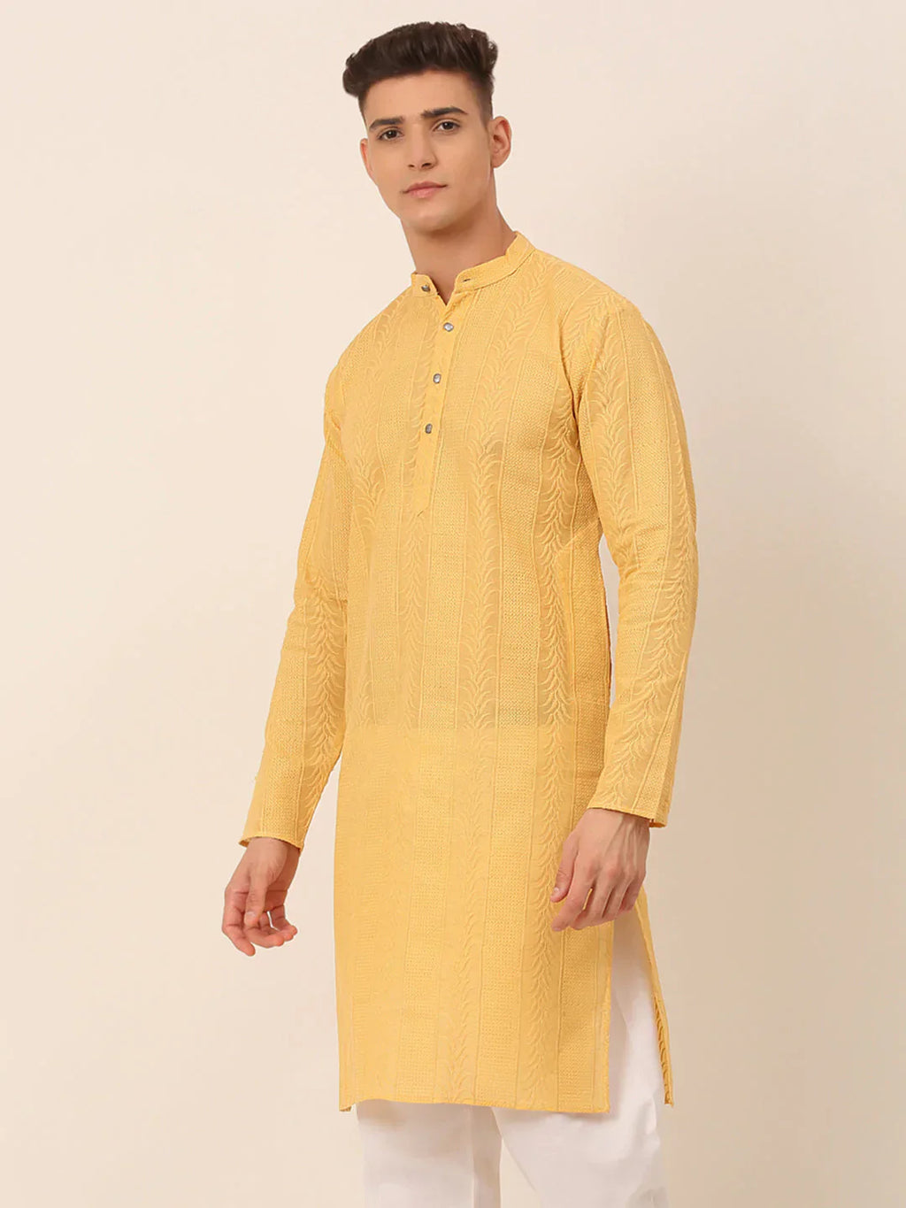 Jompers Men's Pure Cottom Embroidered Kurta Only - Beige