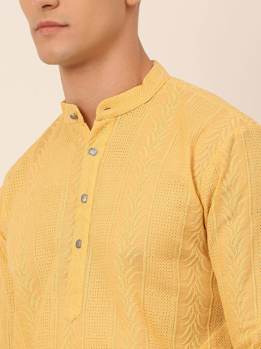 Jompers Men's Pure Cottom Embroidered Kurta Only - Beige