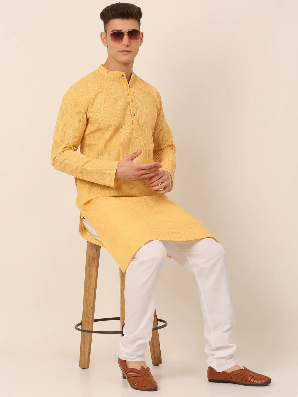 Jompers Men's Pure Cottom Embroidered Kurta Only - Beige