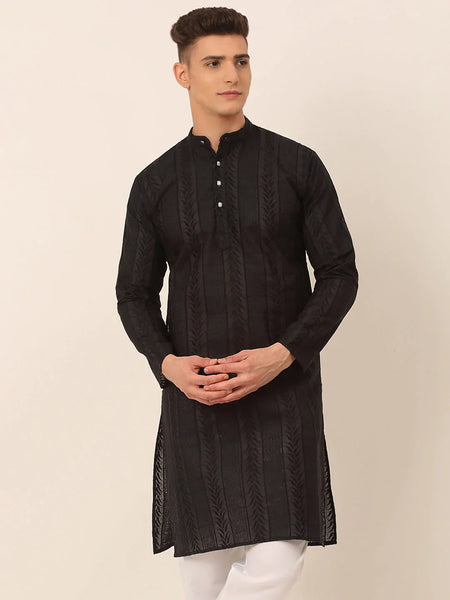 Jompers Men's Pure Cottom Embroidered Kurta Only - Black