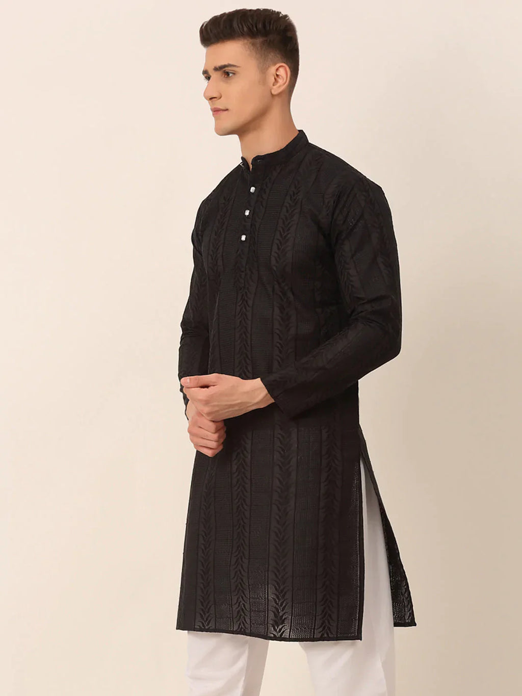 Jompers Men's Pure Cottom Embroidered Kurta Only - Black