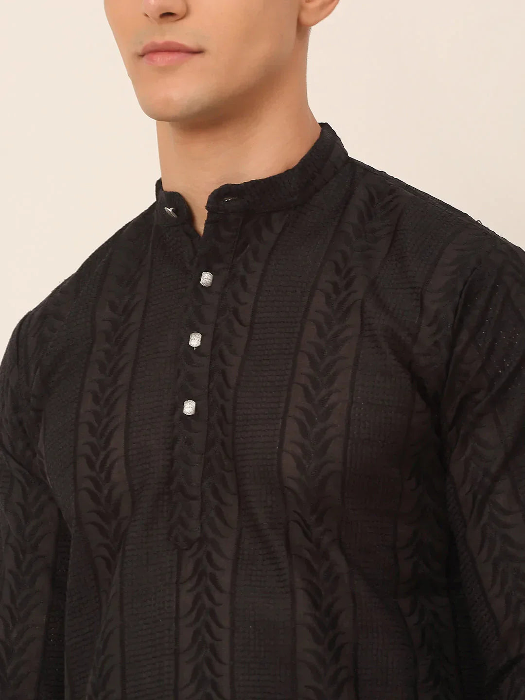 Jompers Men's Pure Cottom Embroidered Kurta Only - Black