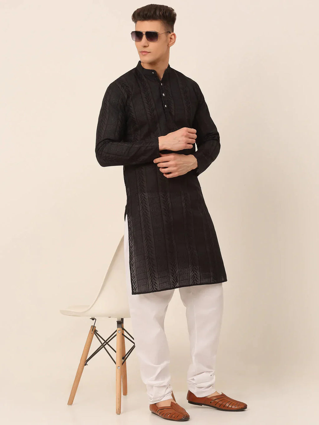 Jompers Men's Pure Cottom Embroidered Kurta Only - Black