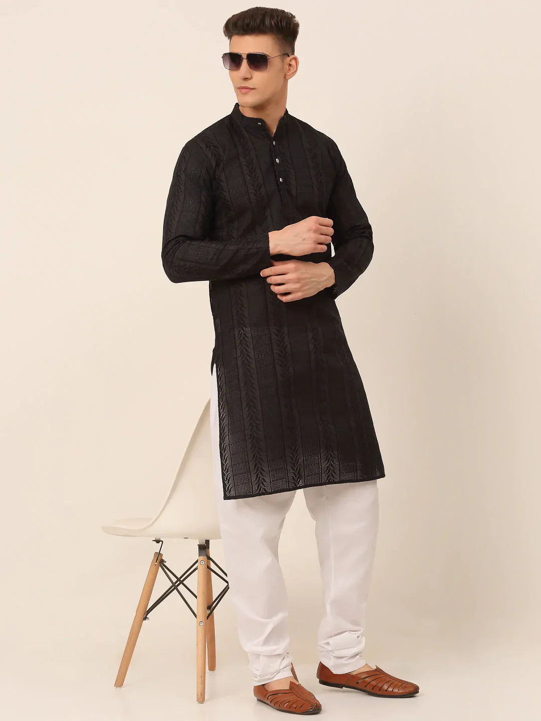 Jompers Men's Pure Cottom Embroidered Kurta Only - Black
