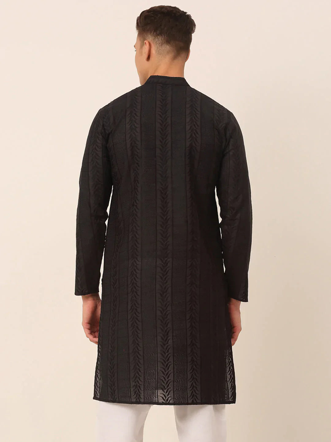 Jompers Men's Pure Cottom Embroidered Kurta Only - Black