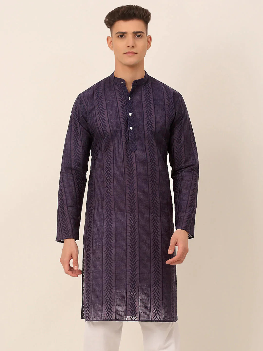 Jompers Men's Pure Cottom Embroidered Kurta Only - Navy Blue