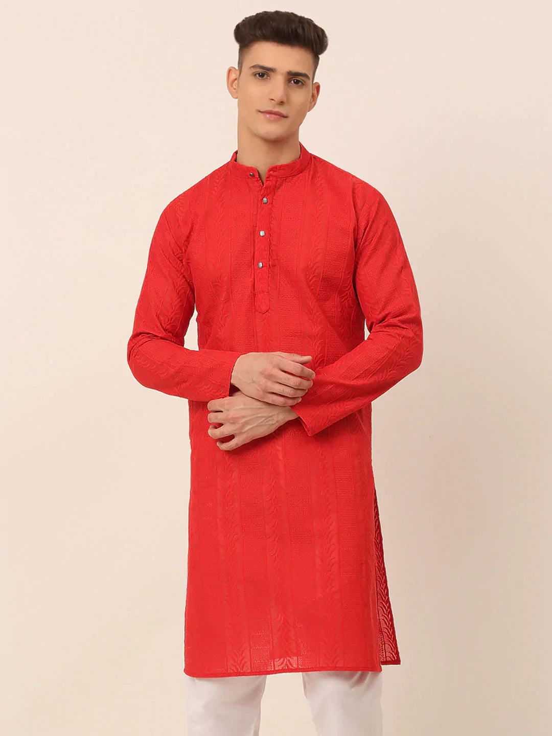 Jompers Men's Pure Cottom Embroidered Kurta Only - Red