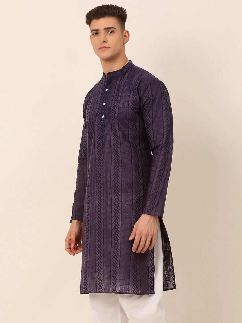 Jompers Men's Pure Cottom Embroidered Kurta Only - Navy Blue