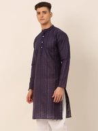 Jompers Men's Pure Cottom Embroidered Kurta Only - Navy Blue