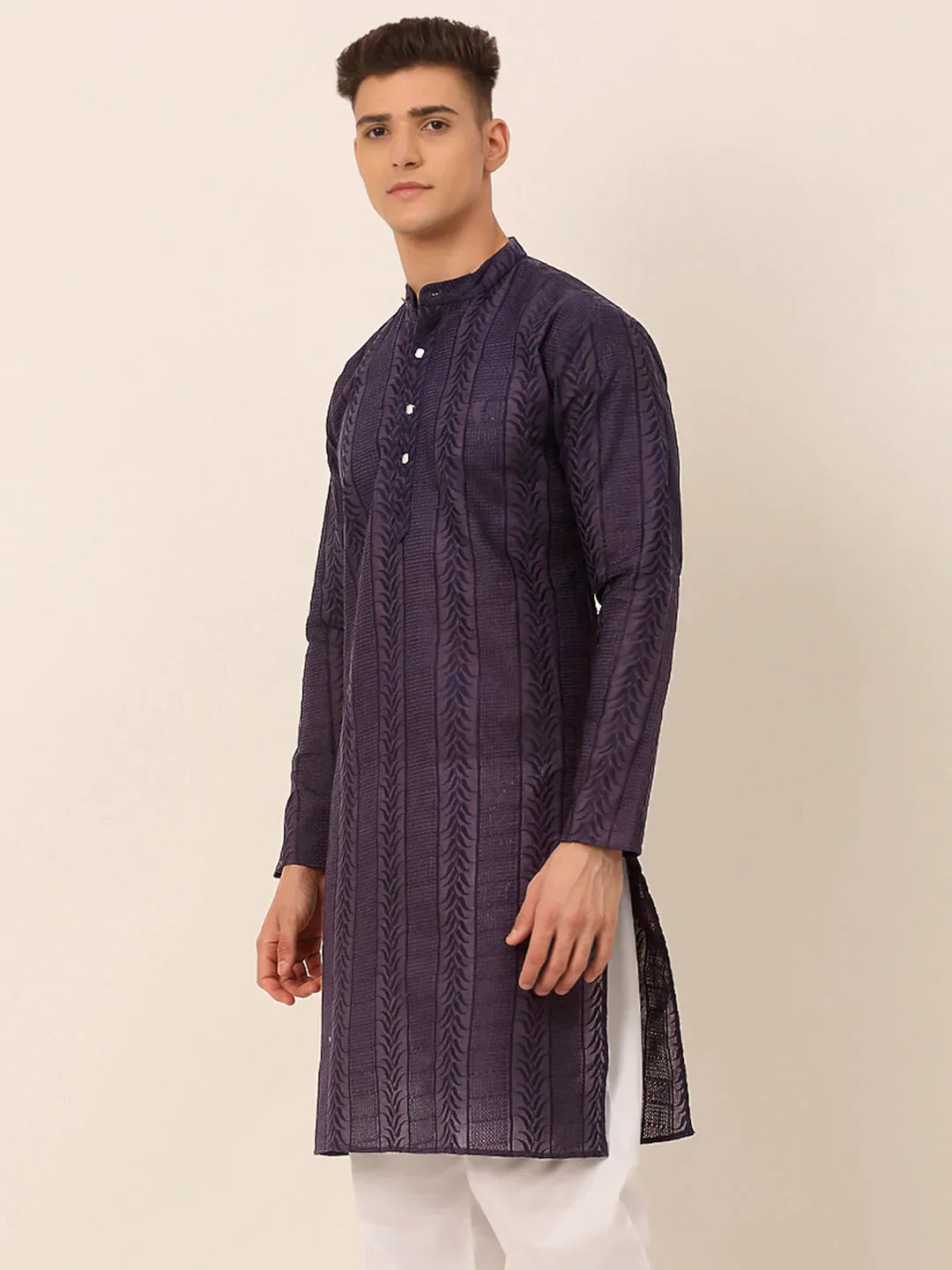 Jompers Men's Pure Cottom Embroidered Kurta Only - Navy Blue
