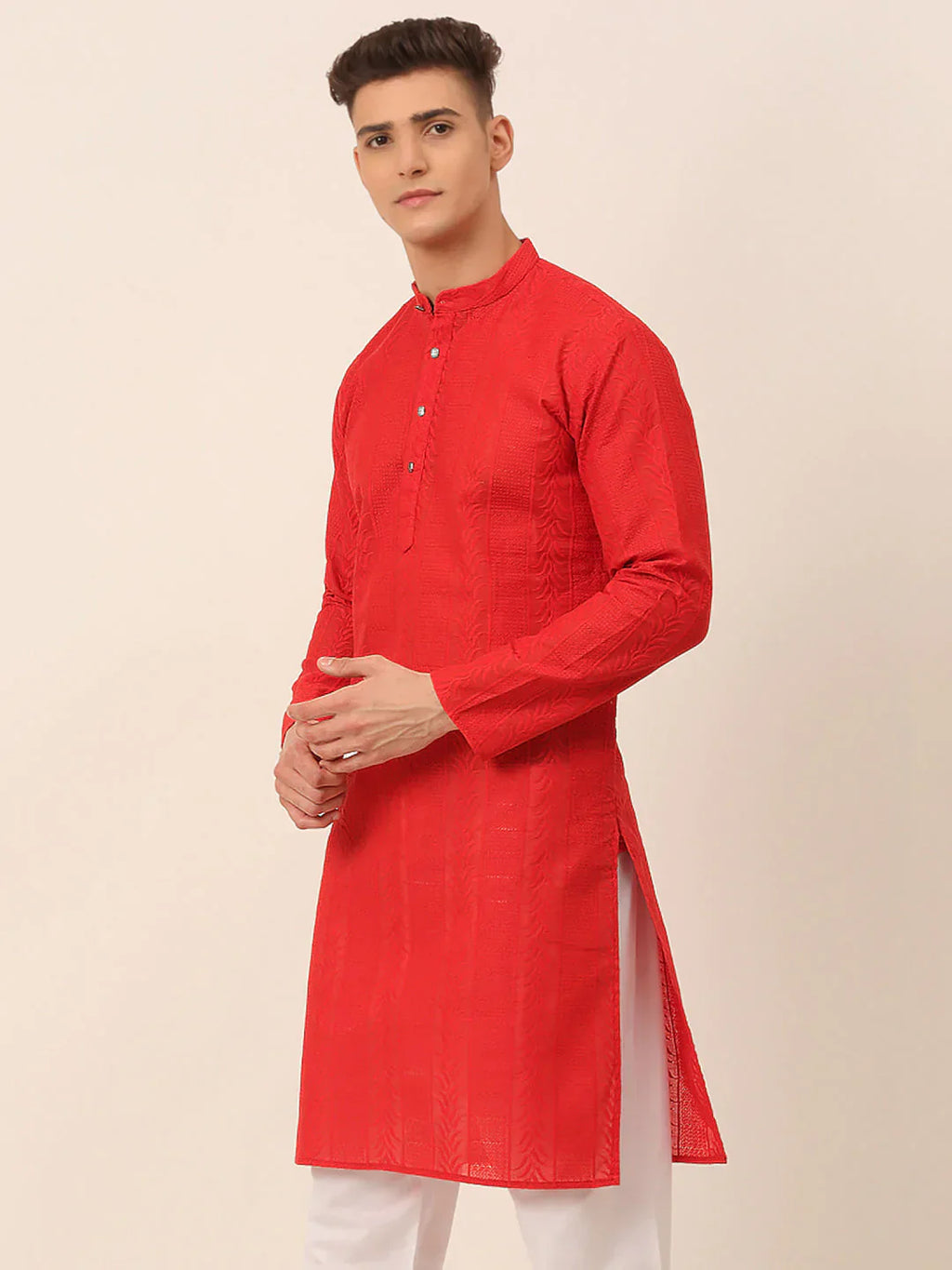 Jompers Men's Pure Cottom Embroidered Kurta Only - Red