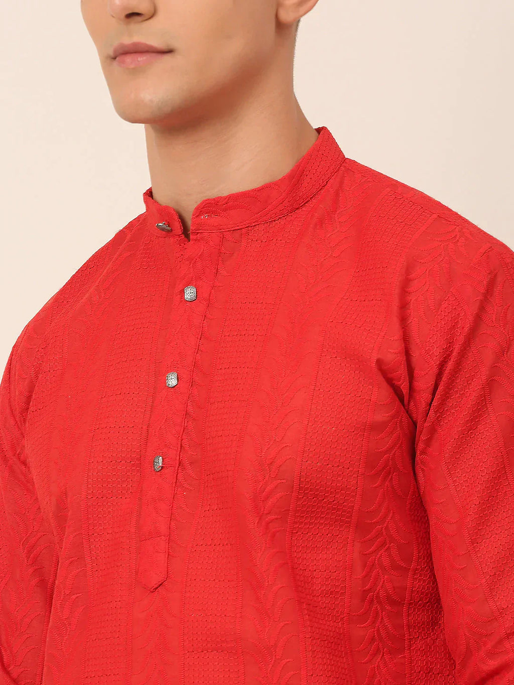 Jompers Men's Pure Cottom Embroidered Kurta Only - Red
