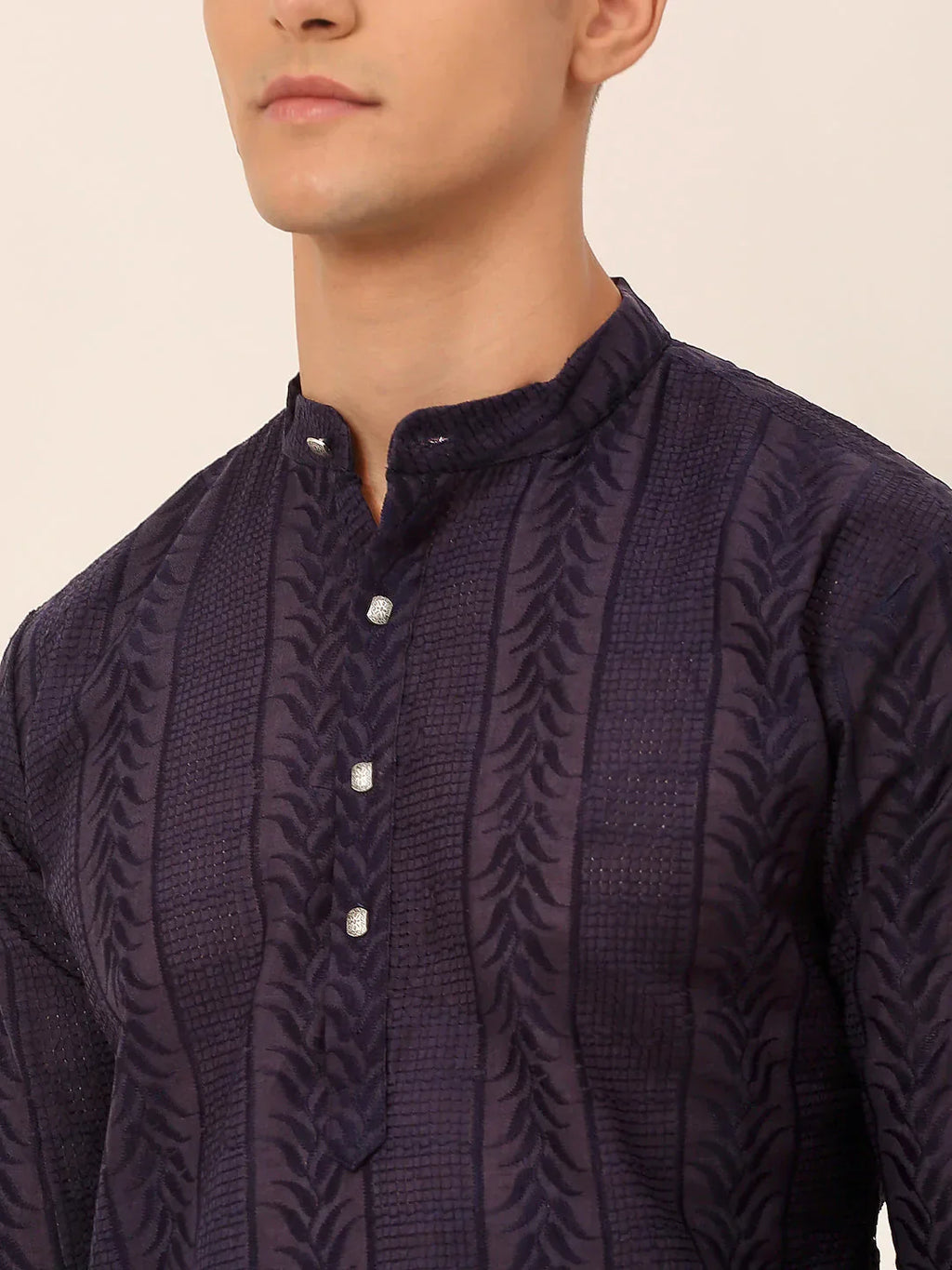 Jompers Men's Pure Cottom Embroidered Kurta Only - Navy Blue