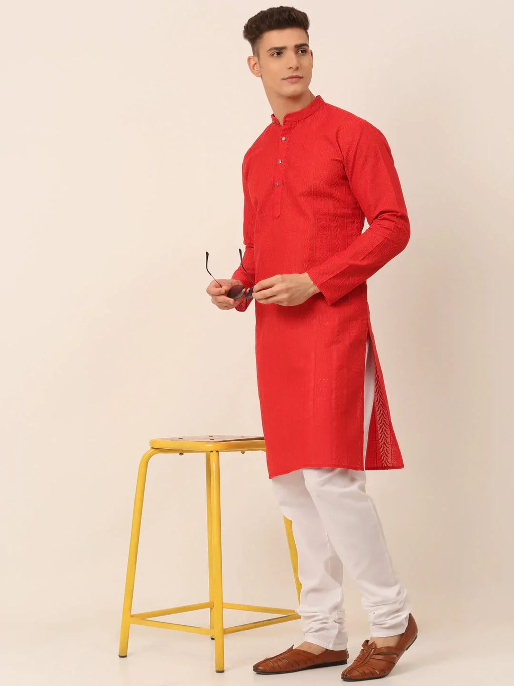 Jompers Men's Pure Cottom Embroidered Kurta Only - Red
