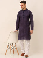 Jompers Men's Pure Cottom Embroidered Kurta Only - Navy Blue