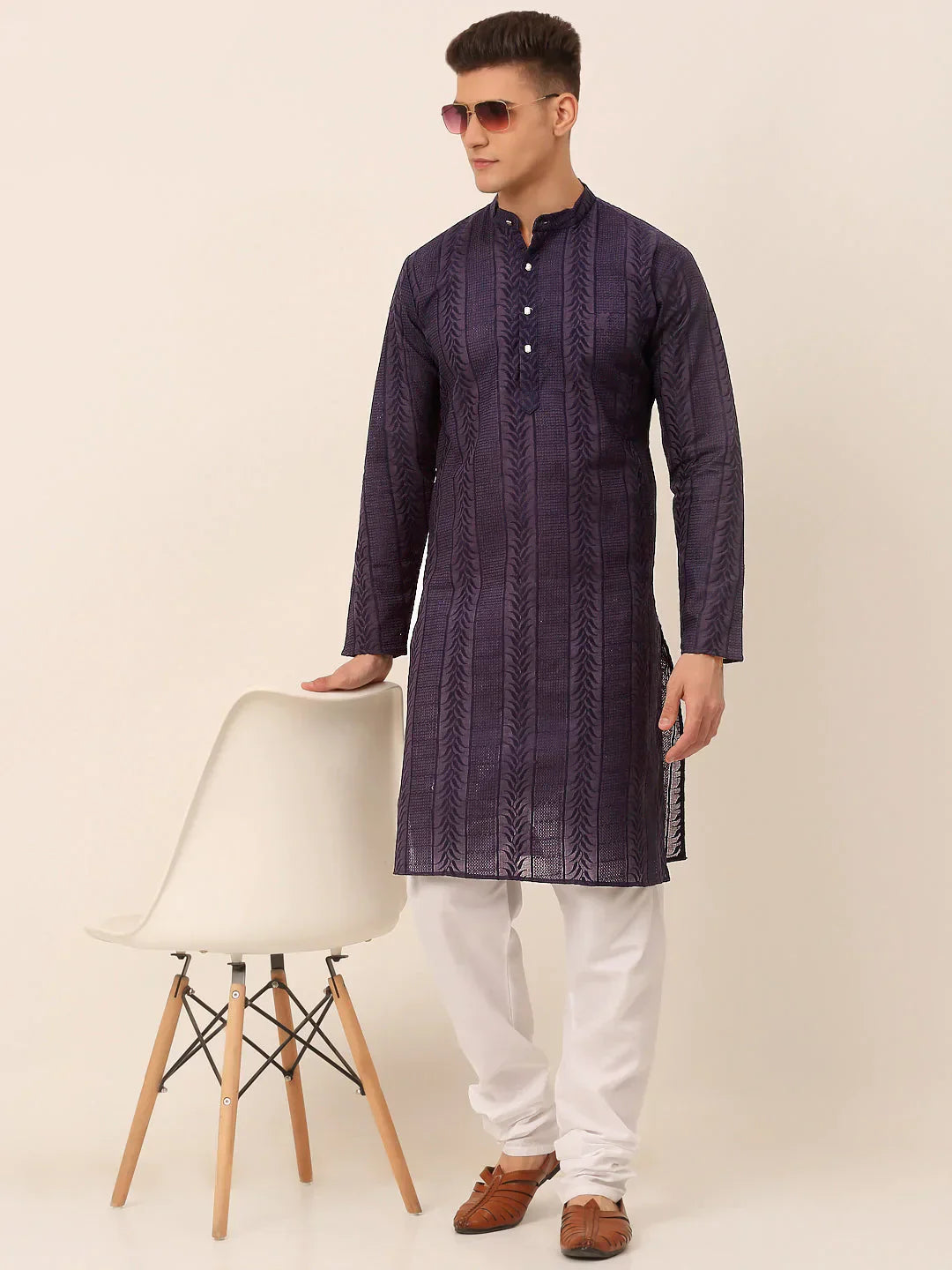 Jompers Men's Pure Cottom Embroidered Kurta Only - Navy Blue