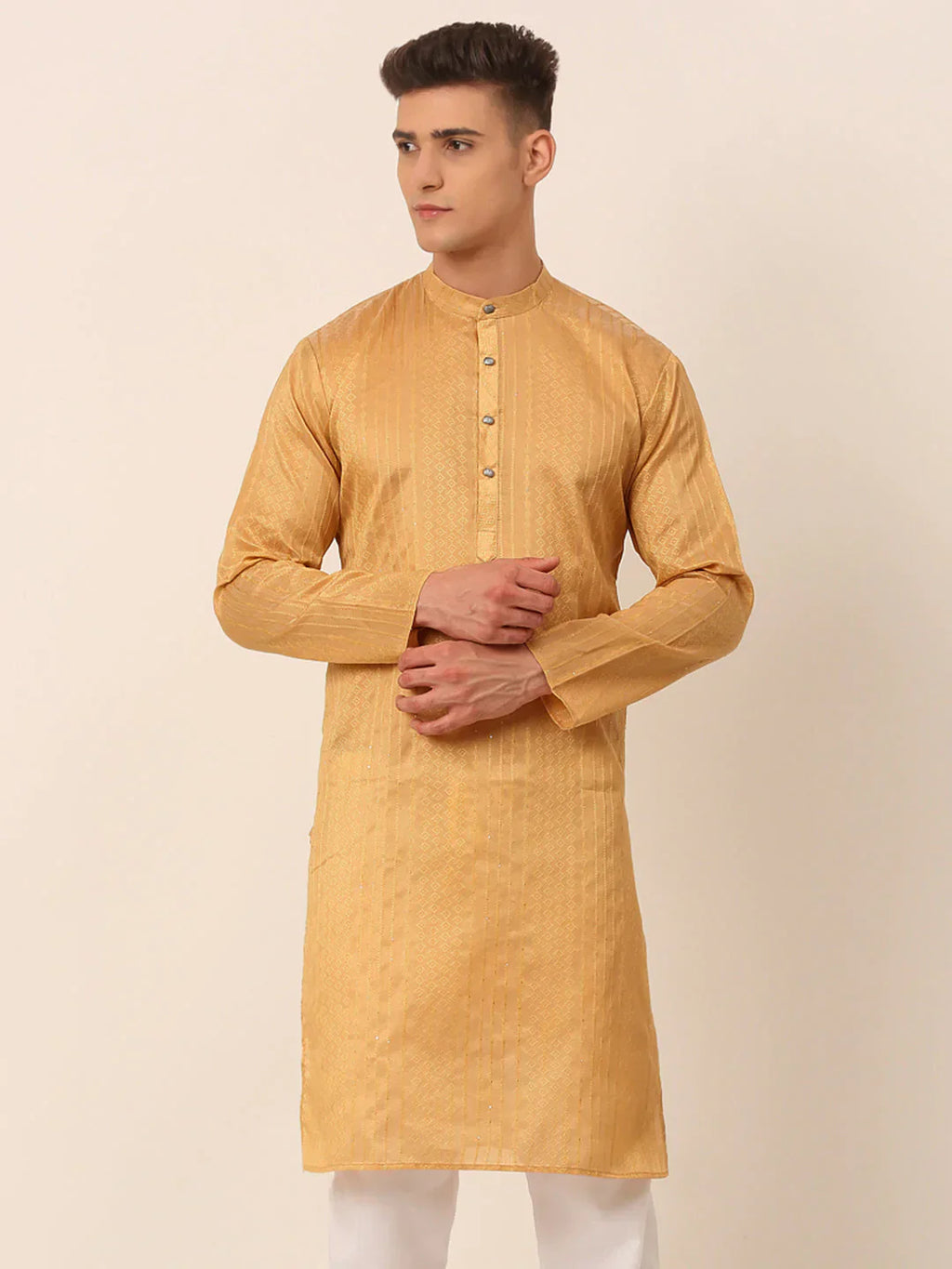 Jompers Men's Silk Blend Sequence Embroidered Kurta Only - Beige