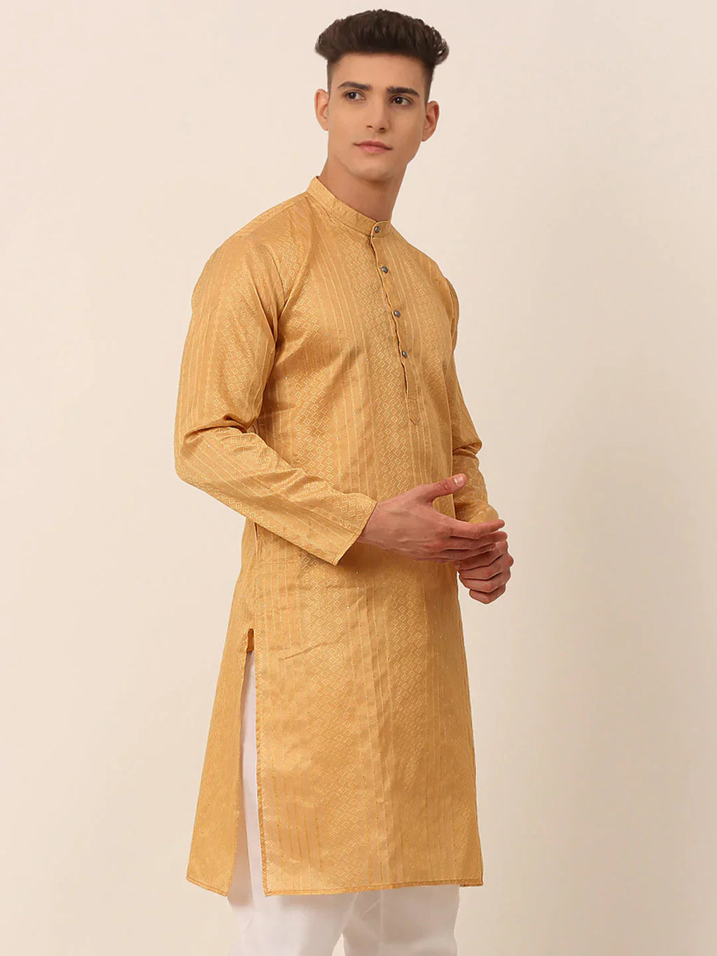 Jompers Men's Silk Blend Sequence Embroidered Kurta Only - Beige