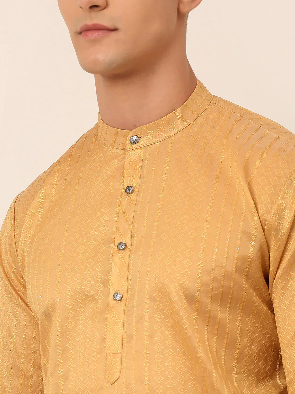 Jompers Men's Silk Blend Sequence Embroidered Kurta Only - Beige