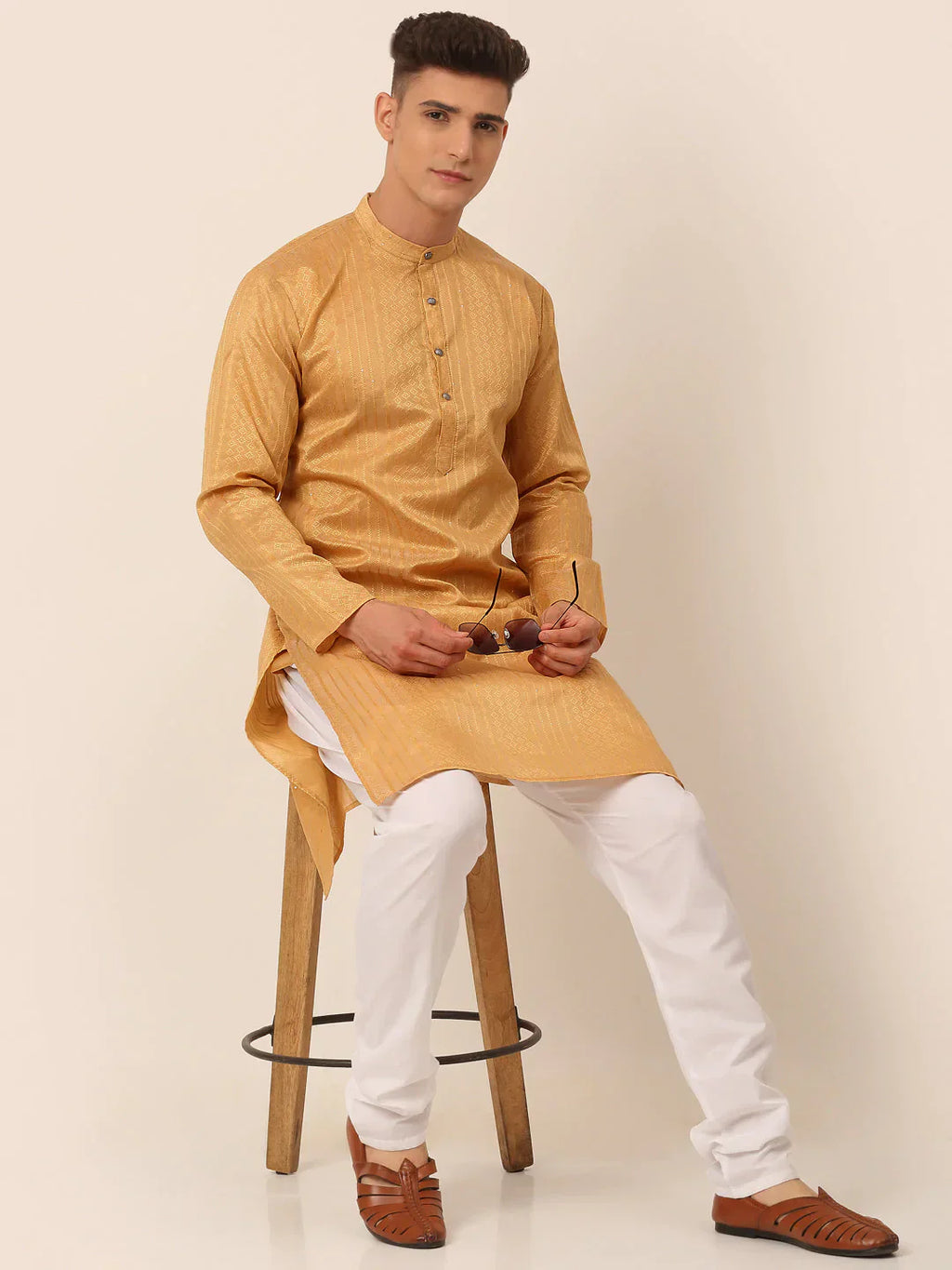 Jompers Men's Silk Blend Sequence Embroidered Kurta Only - Beige