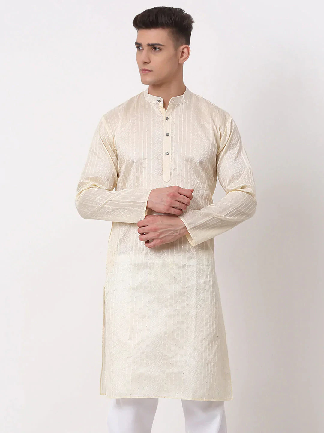 Jompers Men's Silk Blend Sequence Embroidered Kurta Only - Cream