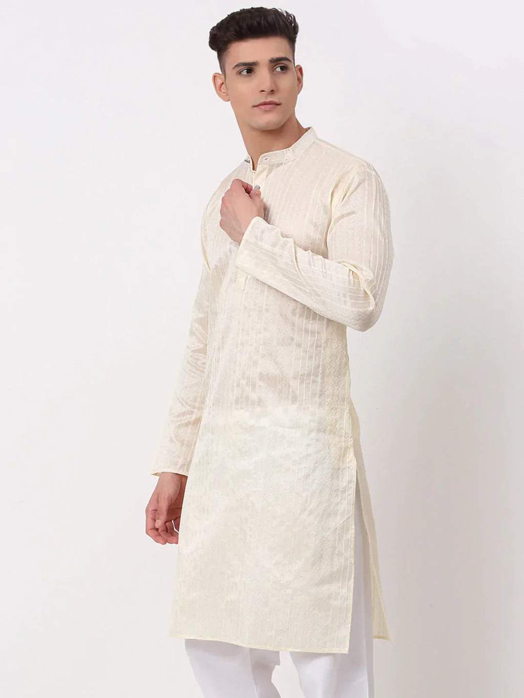 Jompers Men's Silk Blend Sequence Embroidered Kurta Only - Cream