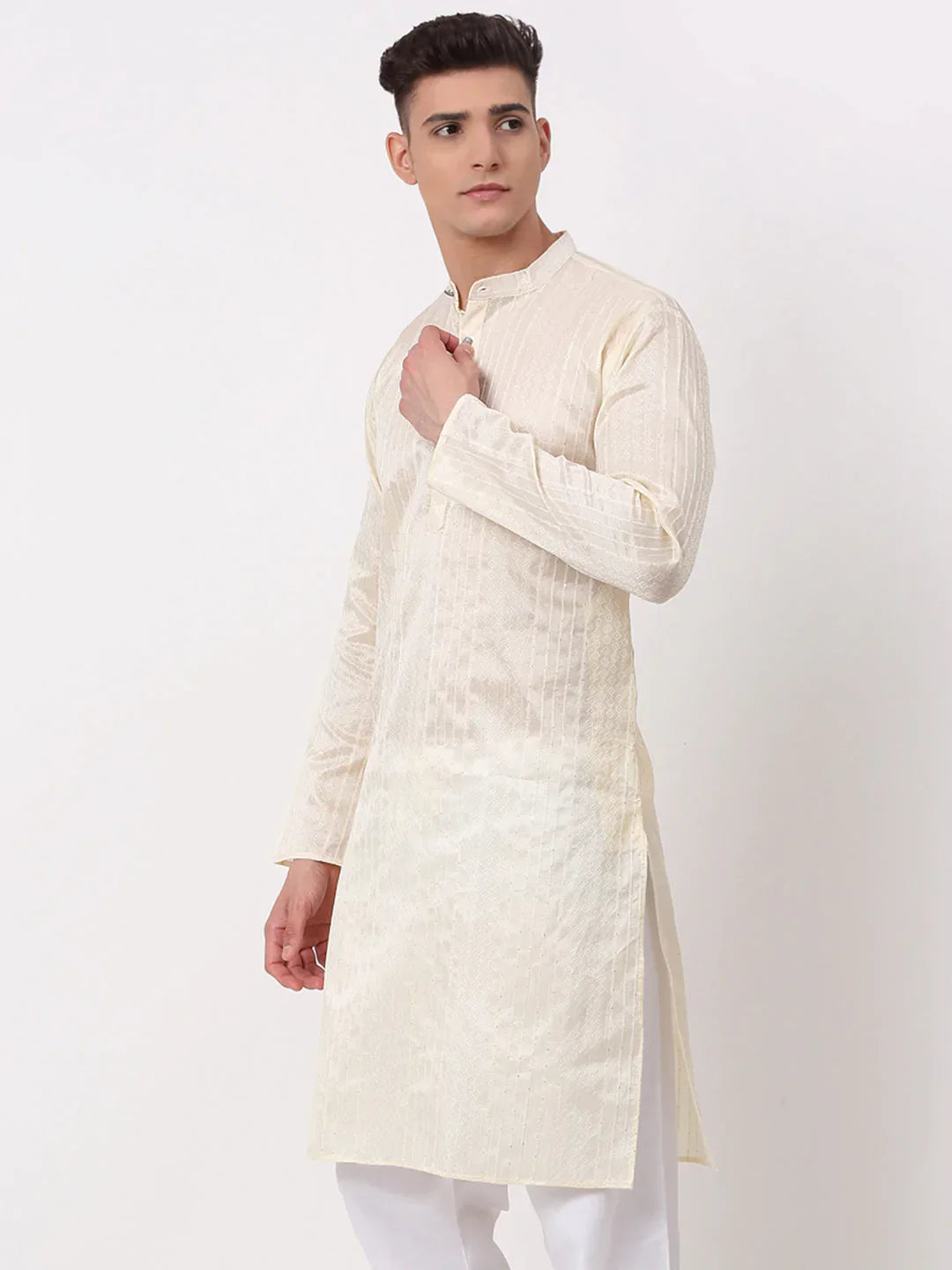 Jompers Men's Silk Blend Sequence Embroidered Kurta Only - Cream