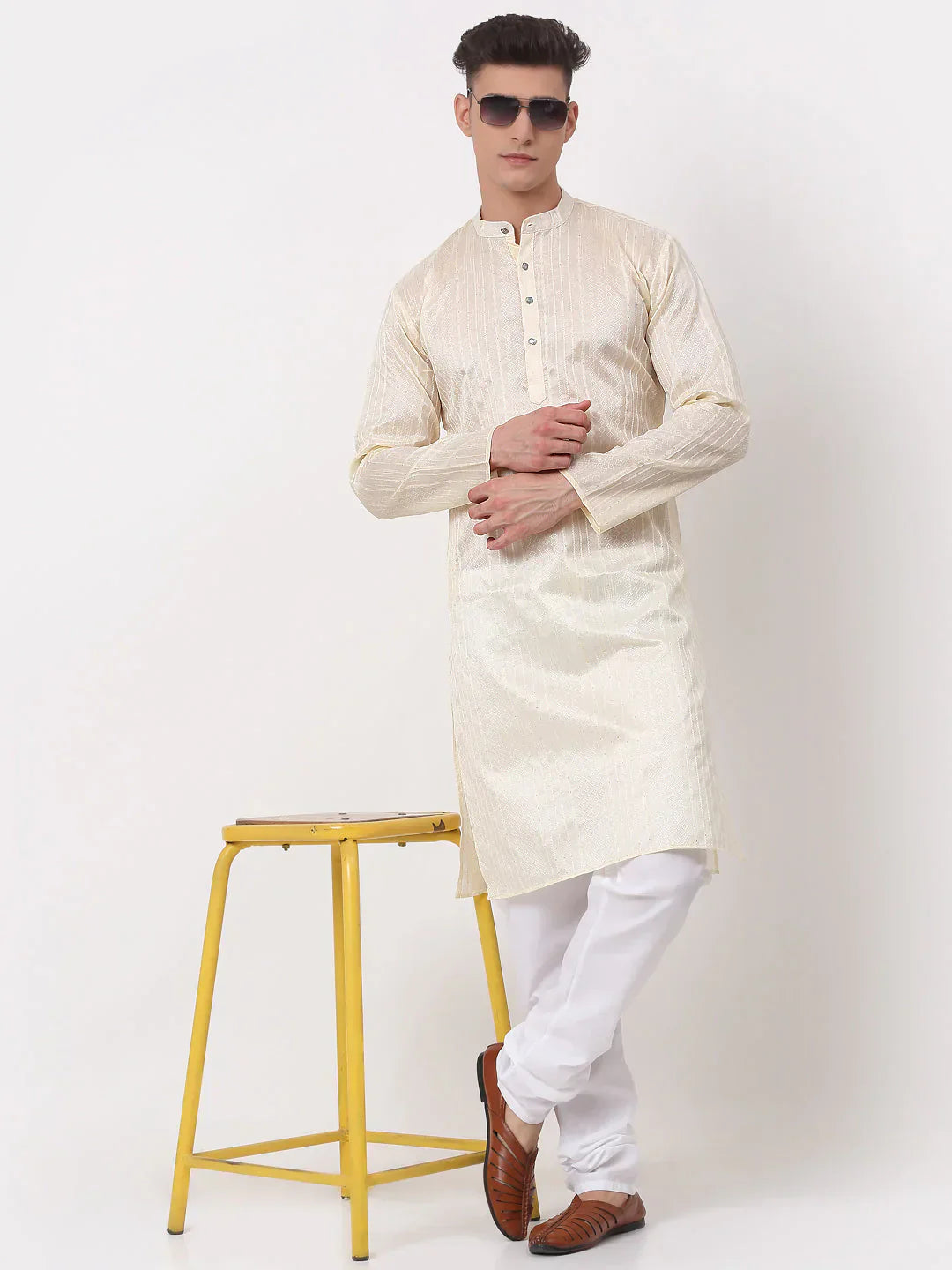 Jompers Men's Silk Blend Sequence Embroidered Kurta Only - Cream