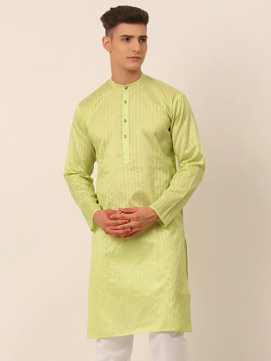 Jompers Men's Silk Blend Sequence Embroidered Kurta Only - Green