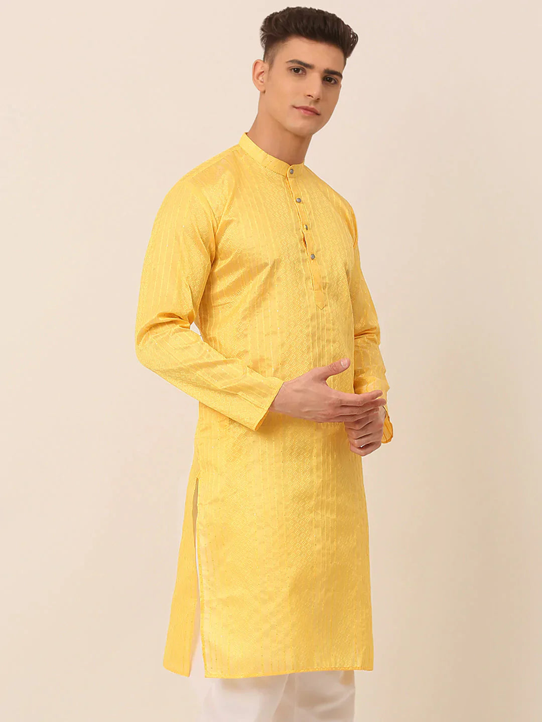 Jompers Men's Silk Blend Sequence Embroidered Kurta Only - Yellow
