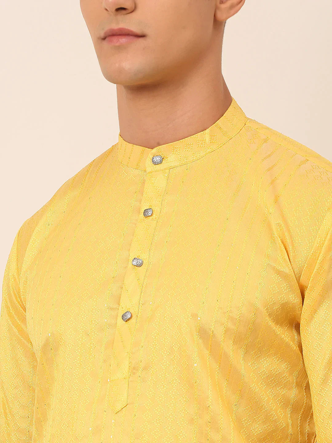 Jompers Men's Silk Blend Sequence Embroidered Kurta Only - Yellow