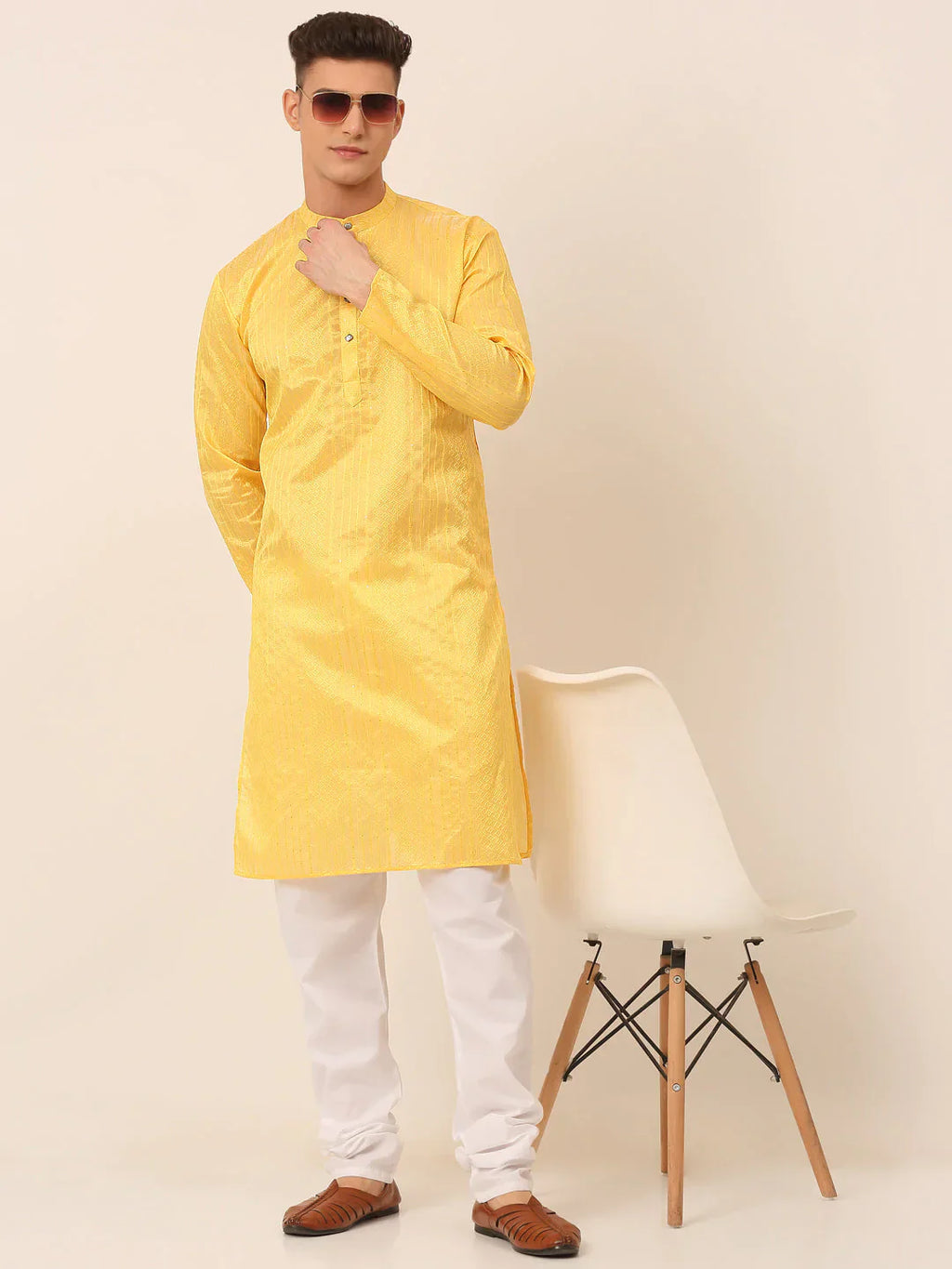 Jompers Men's Silk Blend Sequence Embroidered Kurta Only - Yellow