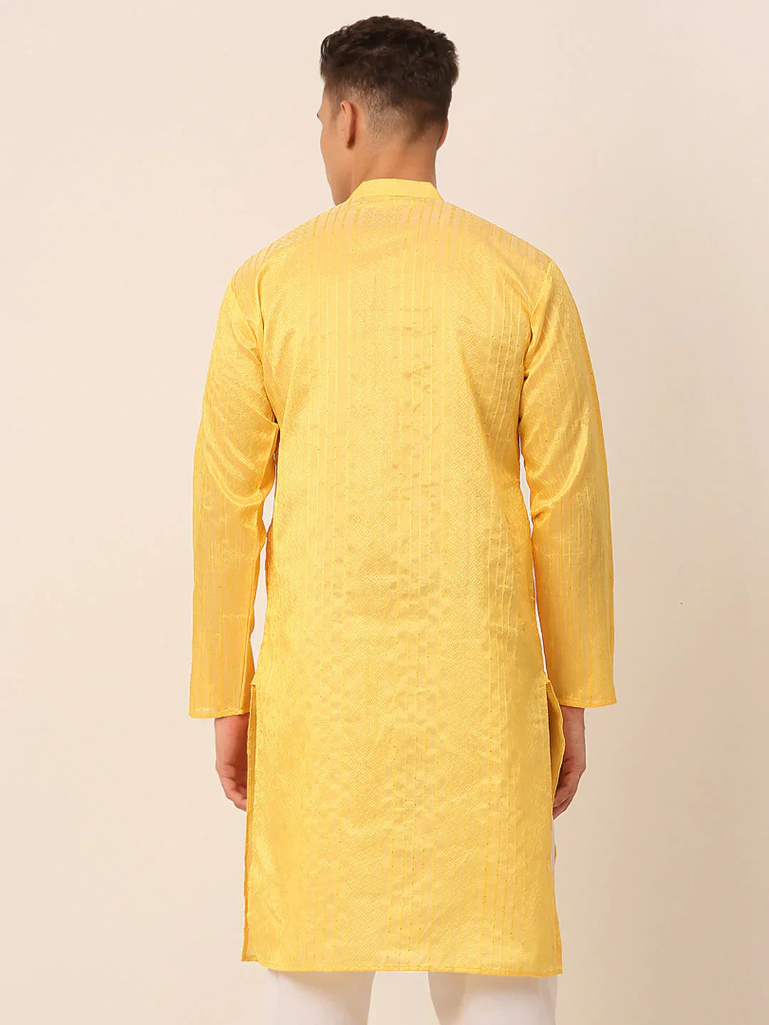 Jompers Men's Silk Blend Sequence Embroidered Kurta Only - Yellow