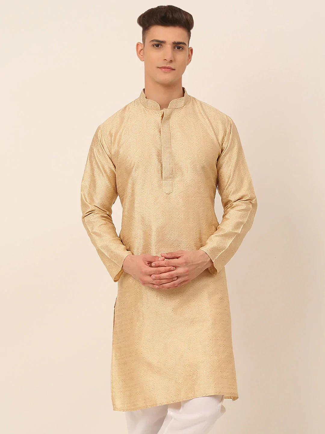 Jompers Men's Silk Blend Collar Embroidered Kurta only - Beige