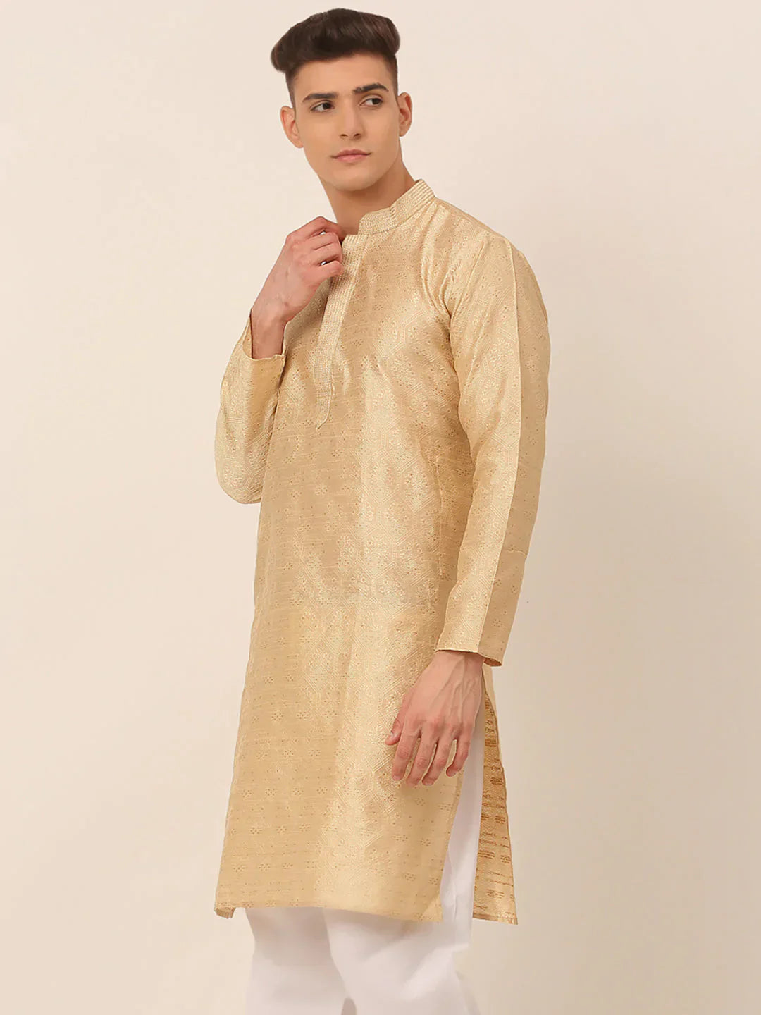 Jompers Men's Silk Blend Collar Embroidered Kurta only - Beige