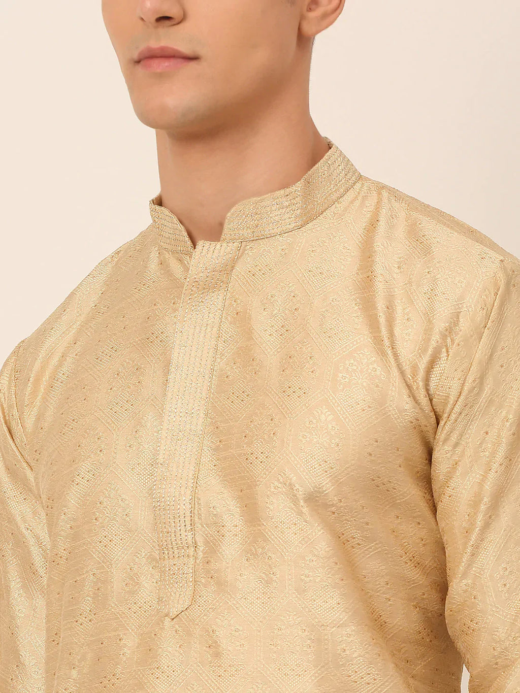Jompers Men's Silk Blend Collar Embroidered Kurta only - Beige