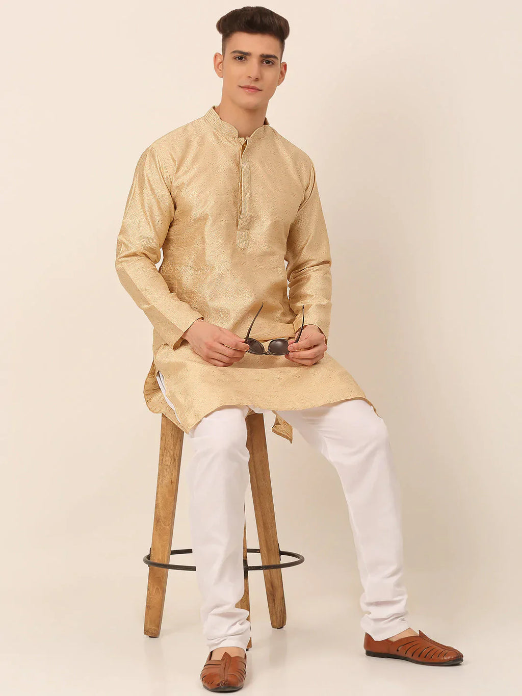 Jompers Men's Silk Blend Collar Embroidered Kurta only - Beige