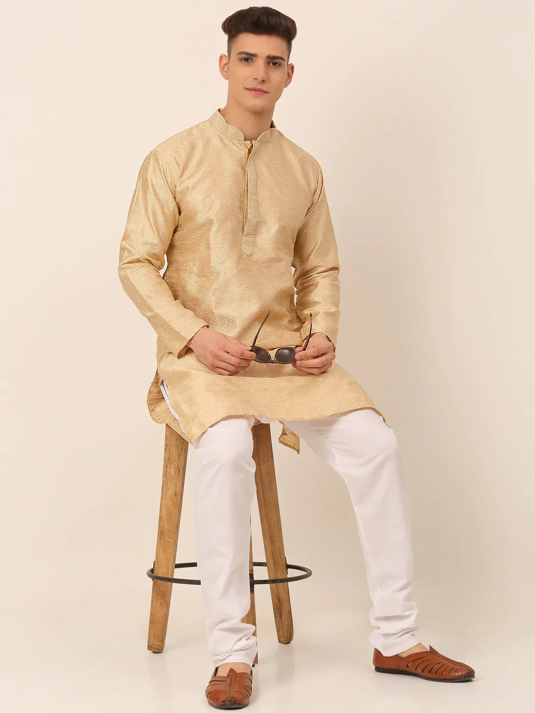 Jompers Men's Silk Blend Collar Embroidered Kurta only - Beige