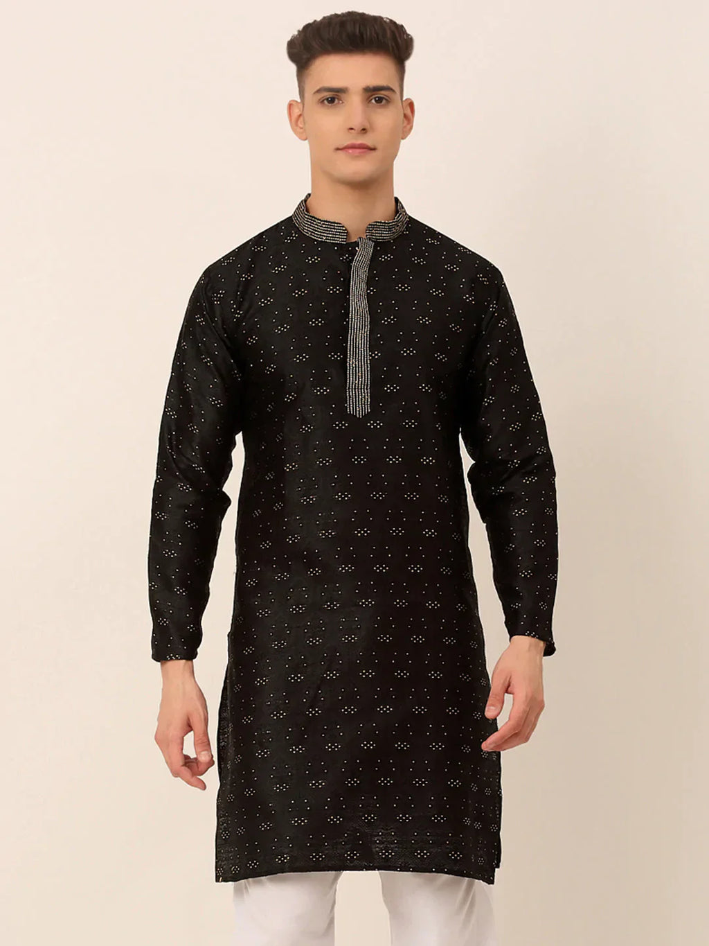 Jompers Men's Silk Blend Collar Embroidered Kurta only - Black