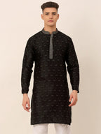 Jompers Men's Silk Blend Collar Embroidered Kurta only - Black