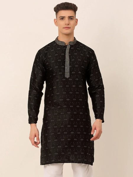 Jompers Men's Silk Blend Collar Embroidered Kurta only - Black