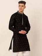 Jompers Men's Silk Blend Collar Embroidered Kurta only - Black