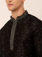 Jompers Men's Silk Blend Collar Embroidered Kurta only - Black