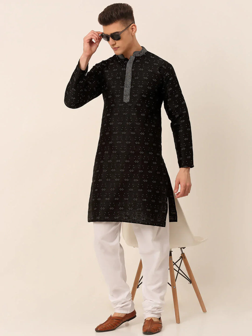 Jompers Men's Silk Blend Collar Embroidered Kurta only - Black