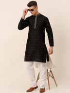 Jompers Men's Silk Blend Collar Embroidered Kurta only - Black