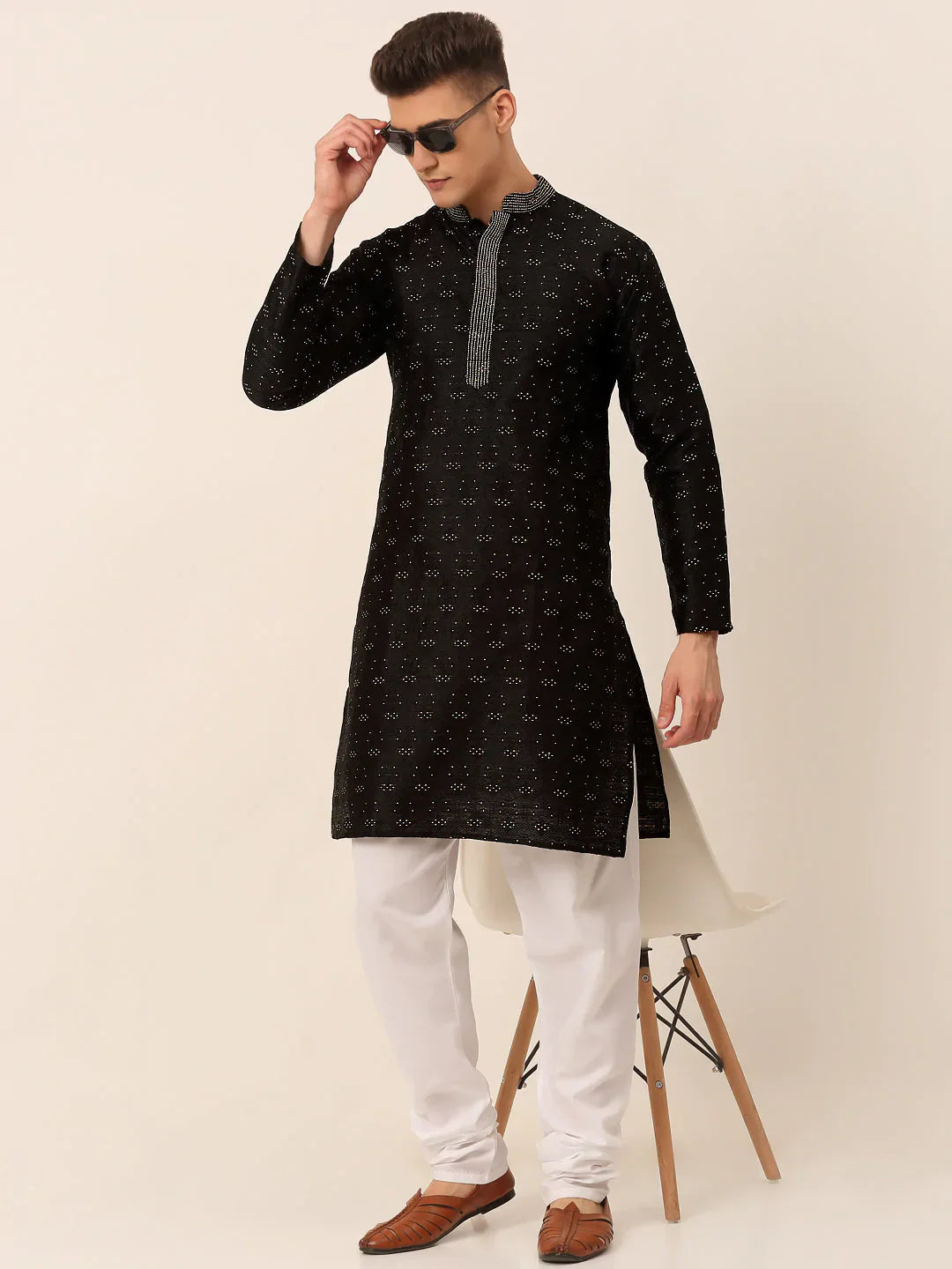 Jompers Men's Silk Blend Collar Embroidered Kurta only - Black