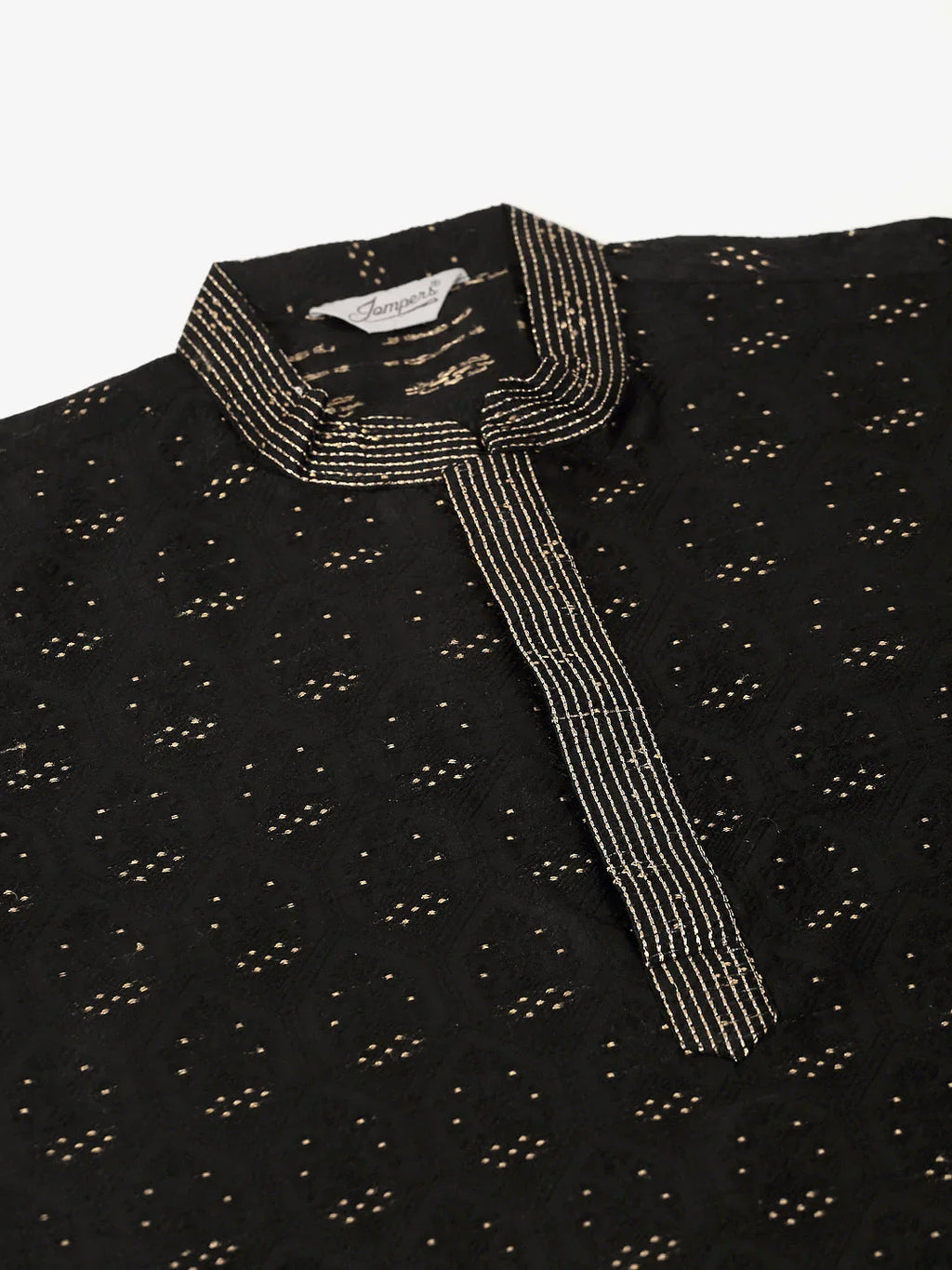 Jompers Men's Silk Blend Collar Embroidered Kurta only - Black