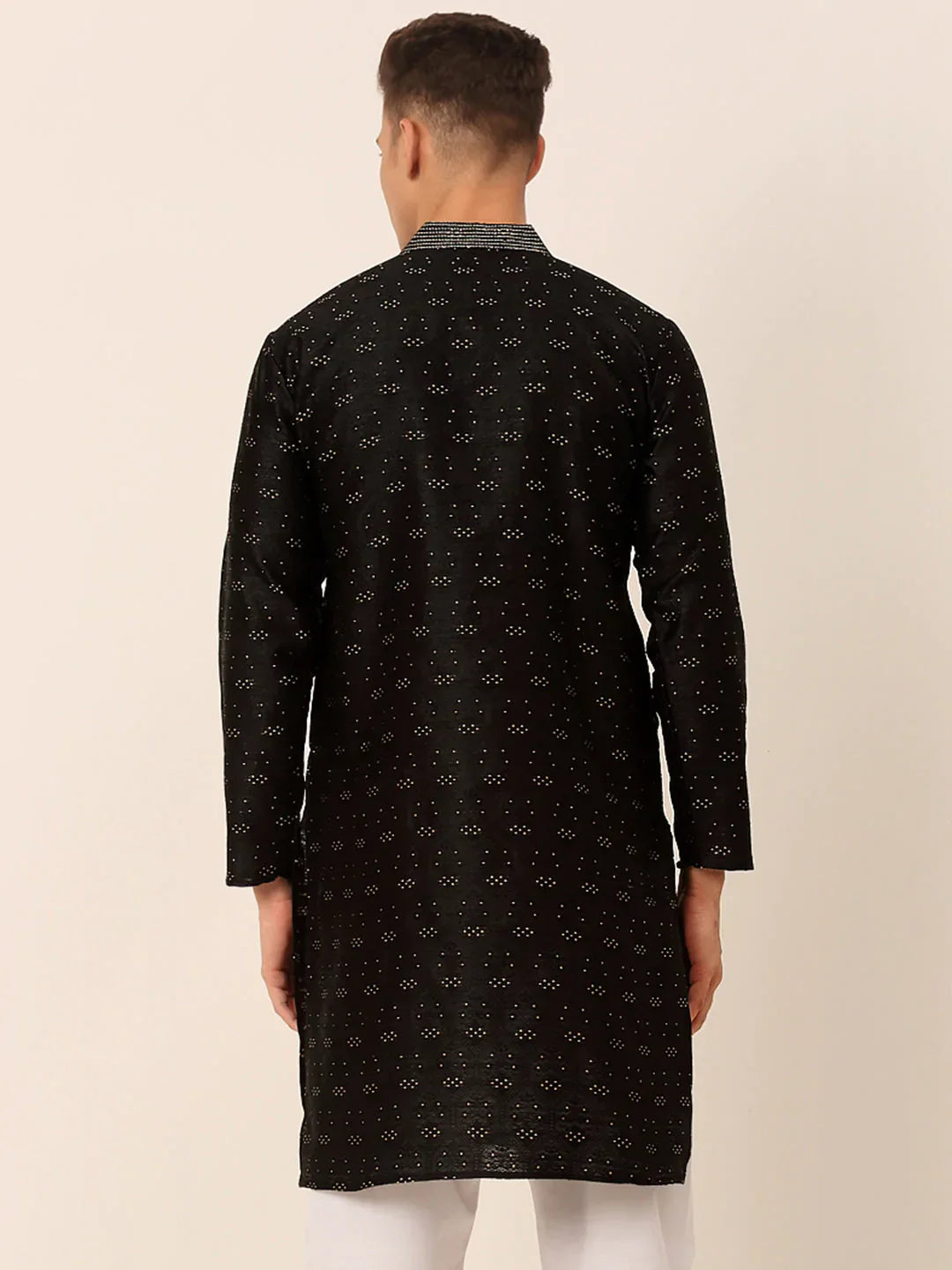 Jompers Men's Silk Blend Collar Embroidered Kurta only - Black