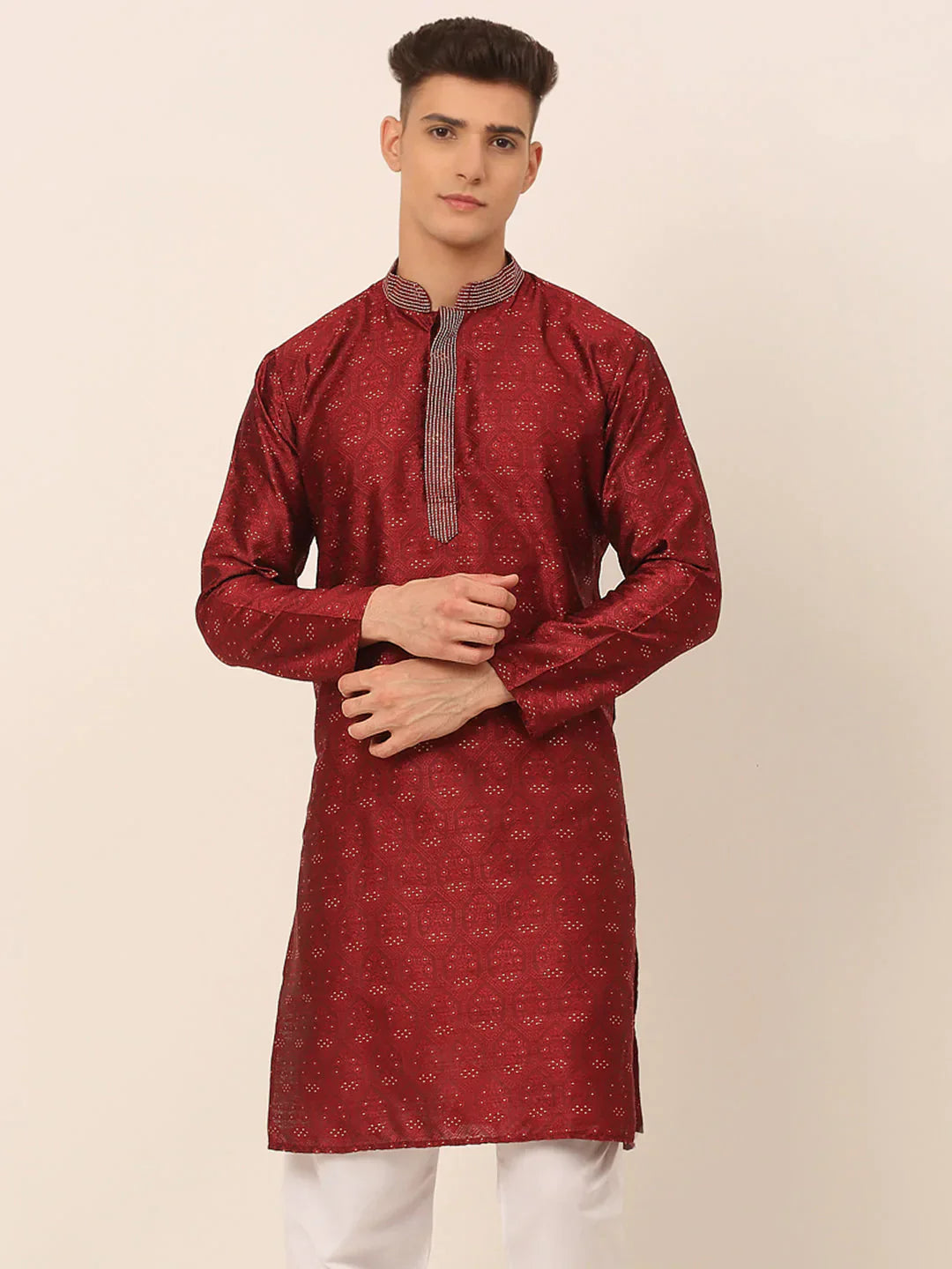 Jompers Men's Silk Blend Collar Embroidered Kurta only - Maroon
